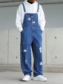 Manfinity Homme Men's Casual Distressed Chest Strap Denim Bib Overalls - Medium Wash - View 6