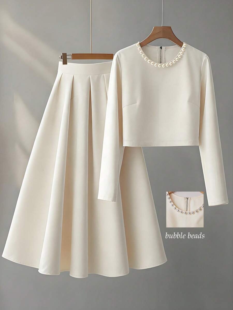 Franclia Fashionable Elegant And Versatile Round Neck Bubble Beads Apricot Long-Sleeved Top High Waist Women's Skirt Bottoms Spring And Autumn Women's Two-Piece Suit Women's Autumn Matching Women's Suit Elegant Women's Set Women's Skirt Suit Maija Fall Winter 2025 Women Maija Autumn Winter Fall Clothes For Women 2 Piece Set For Women Elegant Outfits For Women