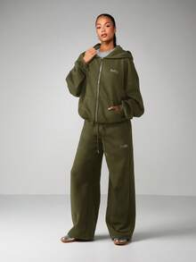 MISSGUIDED Hotfix Rhinestone Zip Through Hoodie With Centre Pocket And Drawstring Hood For Casual Everyday Wear - Khaki - View 3