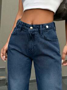 SHEIN Cottnline Pantalón vaquero de corte recto con lavado de nieve y detalles de botones en la cintura baja - Neblina azul - Ver 3