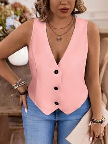 Calvaya Plus Size Solid Color V-Neck Wide Strap Casual Vest Jacket - Baby Pink - View 3