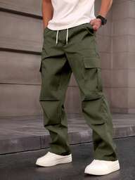 Manfinity Homme Men's Solid Color Drawstring Waist Cargo Pocket Pleated Pants Mens Cargo Men Cargo Pants Army Green Army Green Cargo Pants