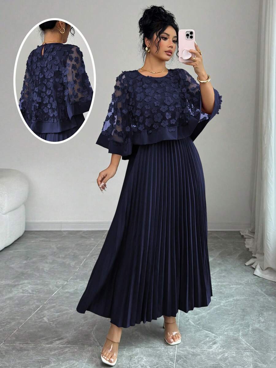 Elenzga Váy xếp ly họa tiết hoa thanh lịch dành cho nữ, thích hợp cho đám cưới, tiệc sinh nhật và các dịp khác, mùa thu - Màu xanh hải quân - Xem 1