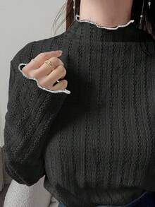 FRIFUL 女士撞色滚边立领荷叶边下摆休闲透气长袖T恤 - 黑色 - 查看 3