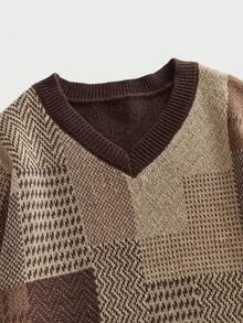 EASEVO 加大码男士拼接图案V领长袖毛衣，秋冬季 - 彩色 - 查看 3