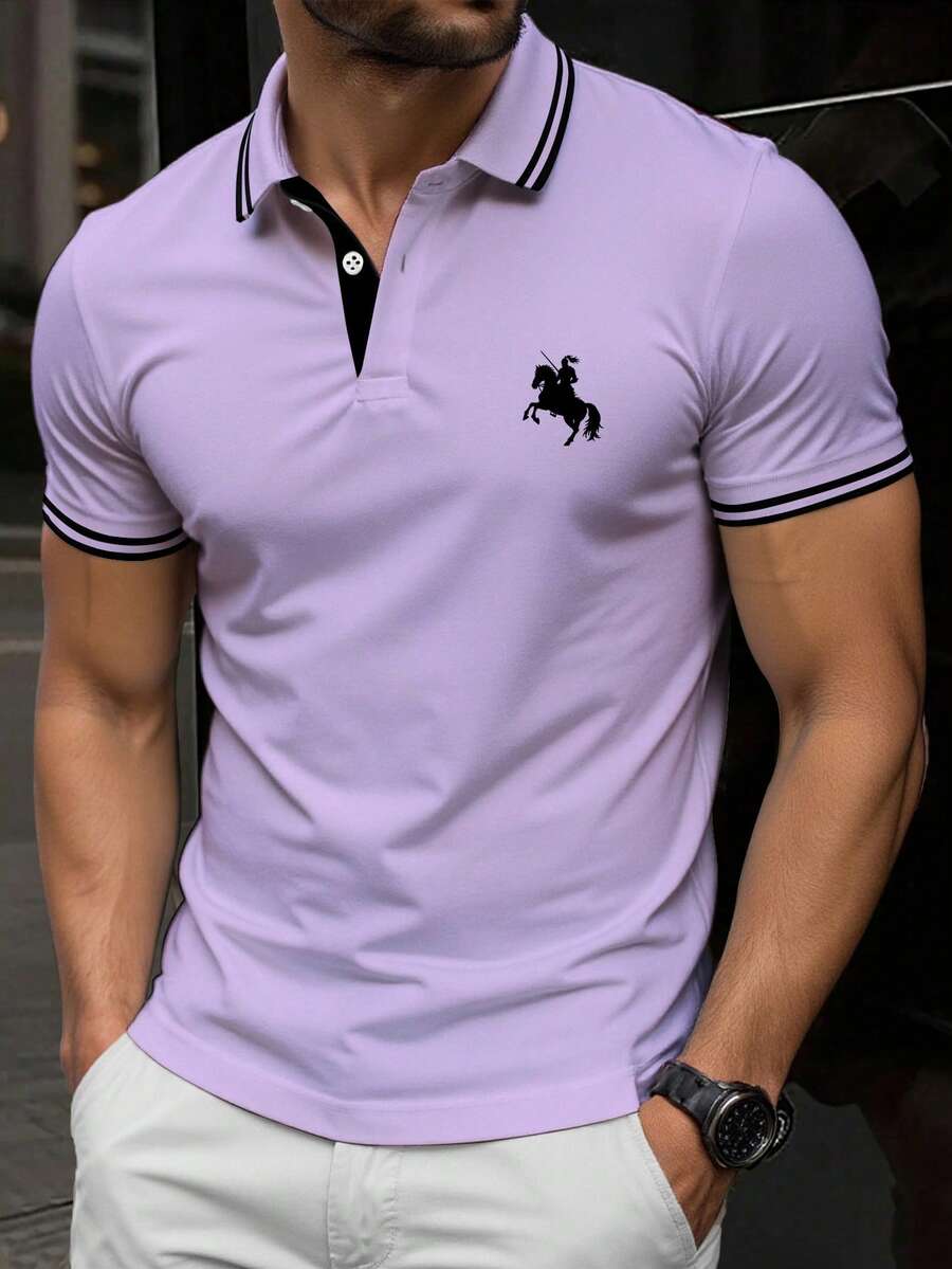 Manfinity Dauomo Áo thun polo nam tay ngắn họa tiết sọc in hình hiệp sĩ thường ngày - Màu tím hoa cà - Xem 1