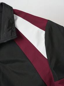 Manfinity Joysei Men's Color Block Zipper Outdoor Windbreaker Bomber Jacket, Fall, Grunge - Burgundy - View 6