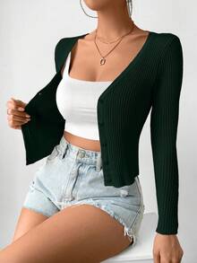 Women's Casual V-Neck Button Down Lightweight Cardigan, Solid Color, Slim Fit, Versatile For Daily Commute, Autumn - Dark Green - View 4