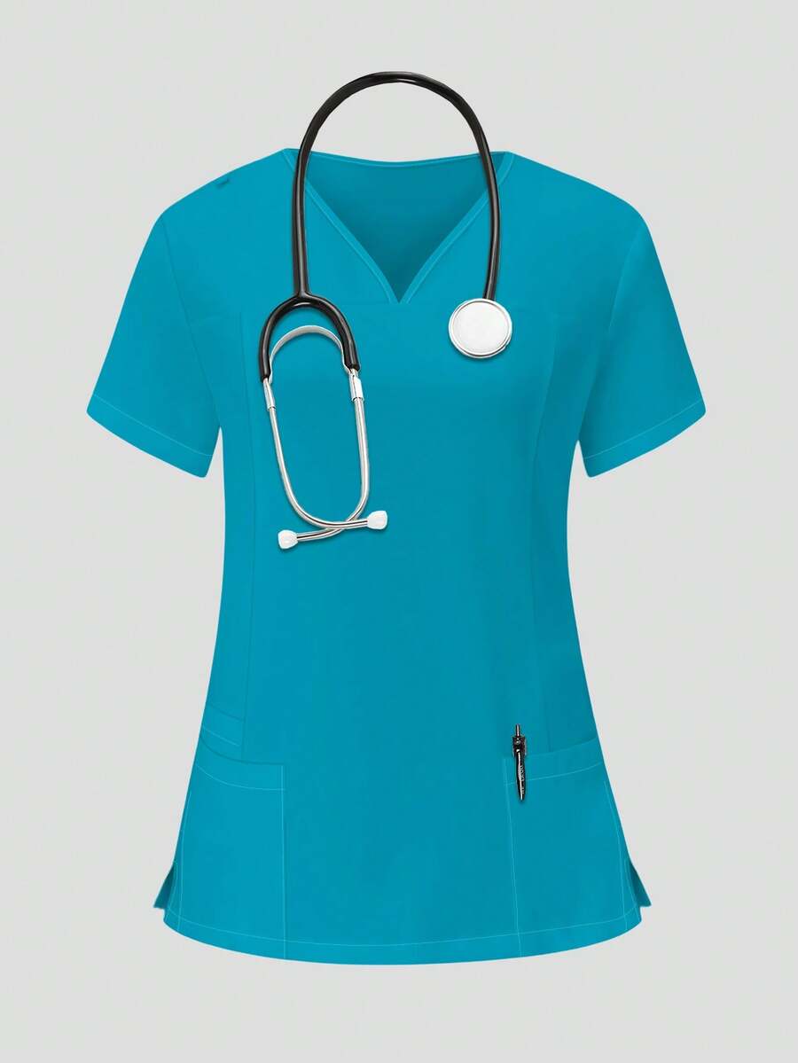 PopScrub Solid Color V-Neck Short Sleeve Pocket Scrub Uniform Top - Blue - View 1