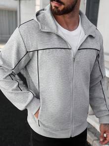 Manfinity Homme Men's Casual Contrast Trim Zip-Up Hooded Sweatshirt Hoodie Sweatshirt Casual Hoodies Grey Zip Up Hoodie Grey Hoodie With Zipper Zip Up Hoodie, Long Sleeve Top - Grey - View 4