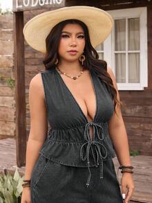 EMERY ROSE 大码牛仔度假荷叶边下摆抽绳吊带背心 - 深灰色 - 查看 4
