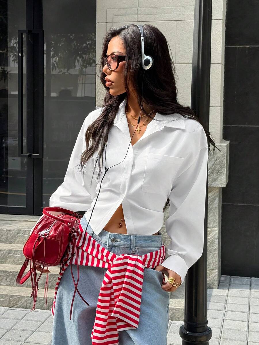 SHEIN EZwear Camisa suelta de manga larga con cordones blancos de encaje para salir, streetwear, Y2K - Blanco - Ver 1