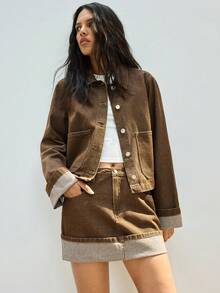 Maija Women's Long Sleeve Single-Breasted Pocket Jacket And Midi Skirt Casual Denim Suit, Urban Commute Business Casual Outfit, Elegant Attire For Thanksgiving, Christmas, New Year Party, Casual And Stylish Ladies Denim Set - Brown - View 1