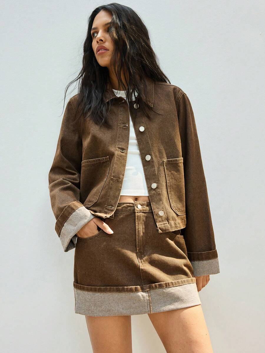 Maija Women's Long Sleeve Single-Breasted Pocket Jacket And Midi Skirt Casual Denim Suit, Urban Commute Business Casual Outfit, Elegant Attire For Thanksgiving, Christmas, New Year Party, Casual And Stylish Ladies Denim Set - Brown - View 1