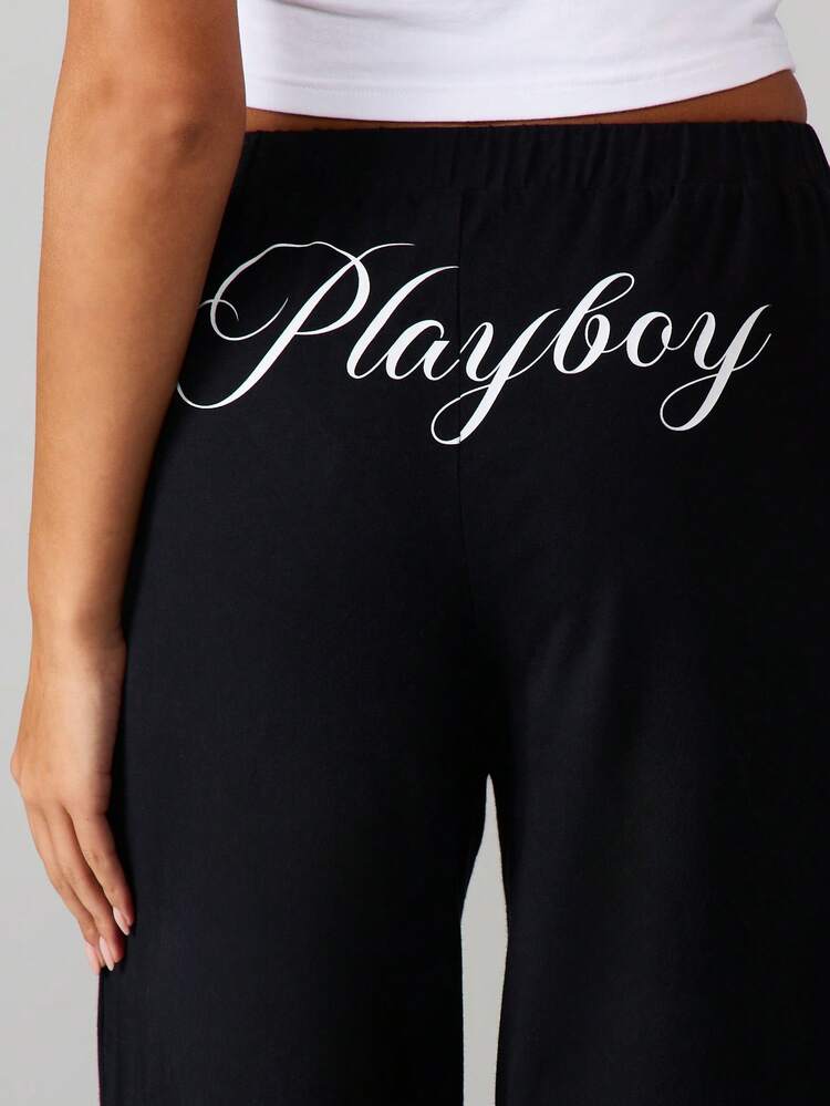 Missguided x Playboy Wide Leg High Waisted Lounge Pants With Script Logo Print For Casual Everyday Comfort