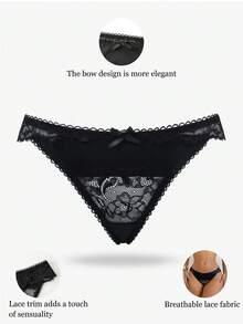 Bragas de bikini cómodas con parches de encaje y lazo para mujer - Negro - Ver 2