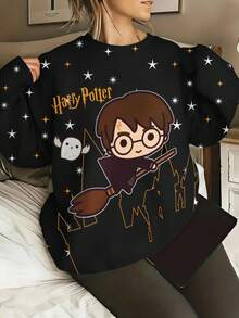 HARRY POTTER X SHEIN Moletom de Gola Redonda de Manga Longa Plus Size com Gráfico de Letra Inglesa Cartoon, Confortável e Casual para Outono/Inverno - Branco - Visão 1