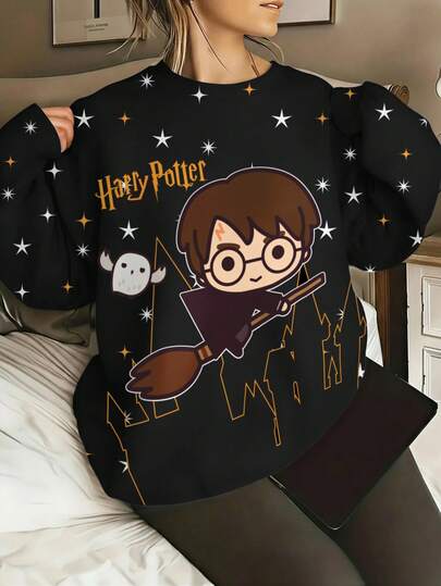 HARRY POTTER X SHEIN Sudadera de cuello redondo de manga larga con gráfico de letras inglesas de dibujos animados, cómoda y casual para otoño/invierno en tallas grandes