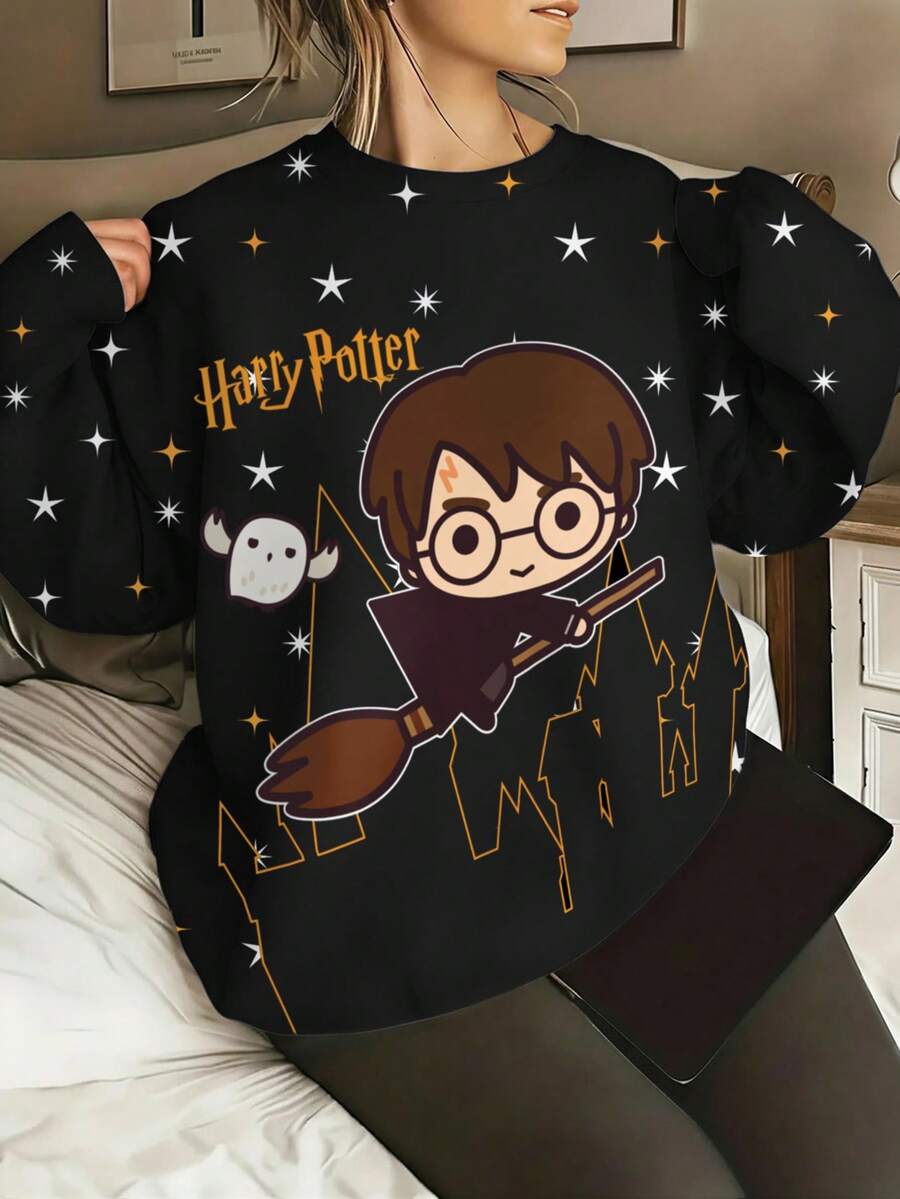 HARRY POTTER X SHEIN Moletom de Gola Redonda de Manga Longa Plus Size com Gráfico de Letra Inglesa Cartoon, Confortável e Casual para Outono/Inverno - Branco - Visão 1
