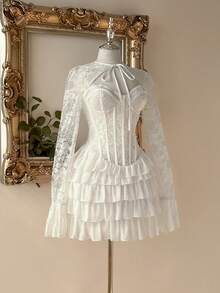 Lovelzi 优雅、优雅、浪漫、高贵的卡其色亮片雪纺拼接长袖露肩腰部修身连衣裙，适合单身派对、婚礼、毕业典礼、度假、新娘送礼会、舞会 - 卡其色 - 查看 5