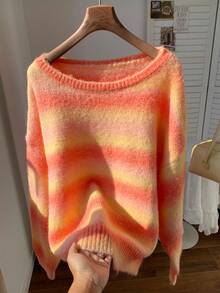 Comfortcana 女士休闲彩色长袖毛衣，秋冬季 - 橘色 - 查看 3