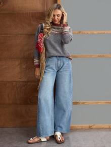 EMERY ROSE Women's Casual Washed Low Waist Wide Leg Jeans - Blue - View 6