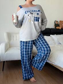 Dream Adore 大码露肩狗狗印花长袖上衣和格子裤休闲睡衣套装 - 彩色 - 查看 1