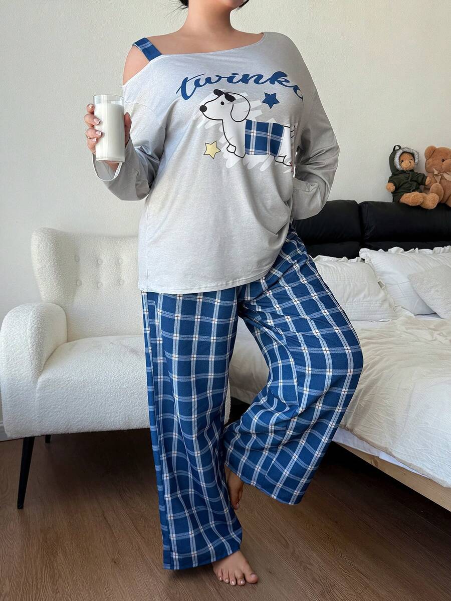 Dream Adore 大码露肩狗狗印花长袖上衣和格子裤休闲睡衣套装 - 彩色 - 查看 1