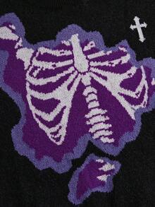 ROMWE MEN Street Life 青少年男童骨头印花圆领休闲长袖套头毛衣 - 黑色 - 查看 5