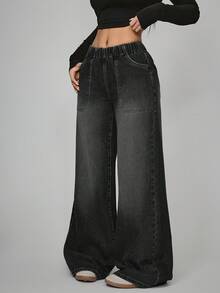 Jeanoix Quần jeans cỡ lớn, màu trơn, tối giản, thích hợp mặc hàng ngày. - màu đen - Xem 4