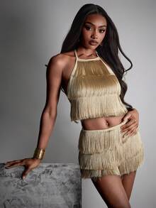 Hauture Sexy Party Night Out Low Rise Tiered Fringed Skort - Gold - View 2