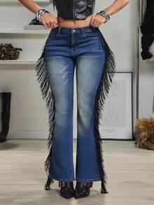 Jeanoix Women's Pocket Button Tassel Design Fashion Commuter Flare Jeans