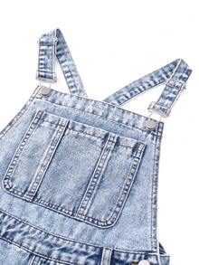 SHEIN Bộ đồ liền thân denim mềm mại thoải mái, họa tiết trái tim, cầu vồng thời trang mới cho bé gái tuổi teen - Rửa trung bình - Xem 4