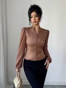 Elenzga Women's Winter Blouse, Textured Fabric Patchwork Elegant Top, Suitable For Christmas, Halloween, New Year, Thanksgiving, Teacher's Day