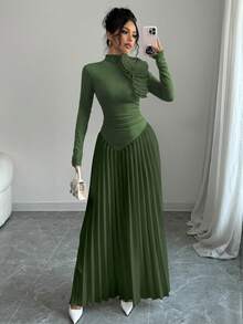 Elenzga 不对称褶皱撞色3D花朵装饰优雅女士连衣裙长款套装 - 橄欖綠 - 查看 5