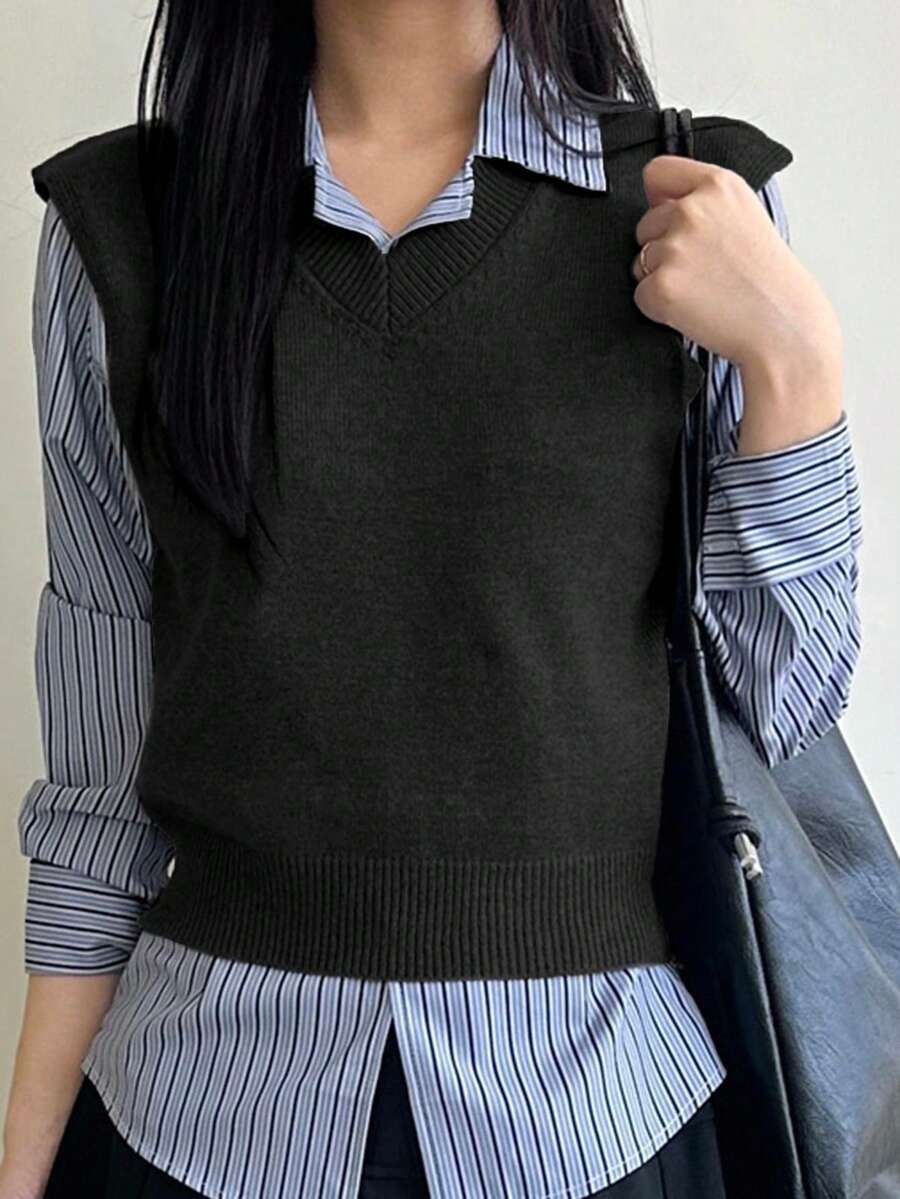 DAZY 法式学院风修身女士秋冬针织背心 - 黑色 - 查看 1