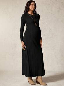 Boho Mama Maternity Black Autumn Casual Formal Evening Photoshoot Elegant Solid Color Round Neck Long Sleeve Ribbed Bump Friendly Knit Maxi Pregnant Dress - Black - View 5