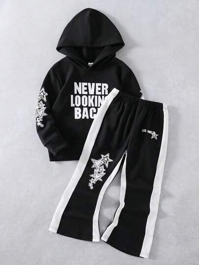 2pcs/Set Toddler Boys' Casual Letter Print Solid Color Hoodie And Sweatpants Set, Boys' 2-Piece Sportswear Set, Boys' Hoodie Outfit, Boys' Suit