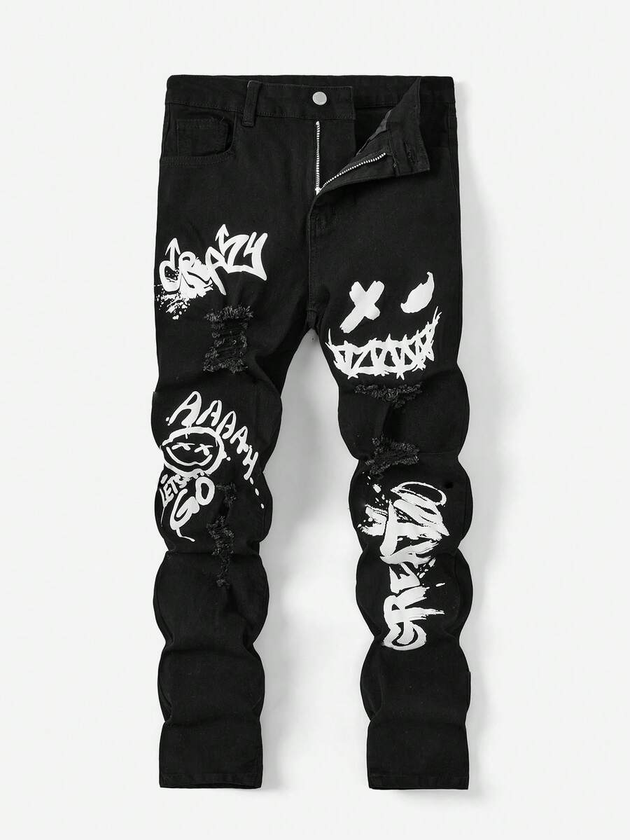 SHEIN Tween Boys' Street Cool Mid-Rise Skinny Ripped Frayed Asymmetrical Distressed Print Black And White Denim Jeans,For Tween Boys Fall Clothes - Black - View 1