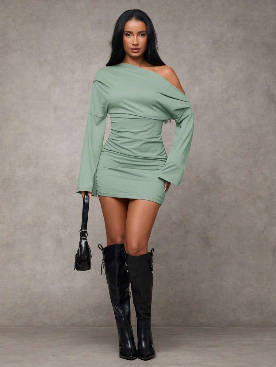 SHEIN BAE Váy ngắn ôm sát cổ không đối xứng màu trơn đơn giản dành cho nữ, mùa xuân/thu - Màu xanh Bạc hà - Xem 1