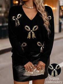 Auvina Maglione taglia comoda a tinta unita con scollo a V, fiocco e ricamo con paillettes, maglione casual ed elegante adatto per Natale, ritorno a scuola, vacanze romantiche, abbigliamento da ufficio