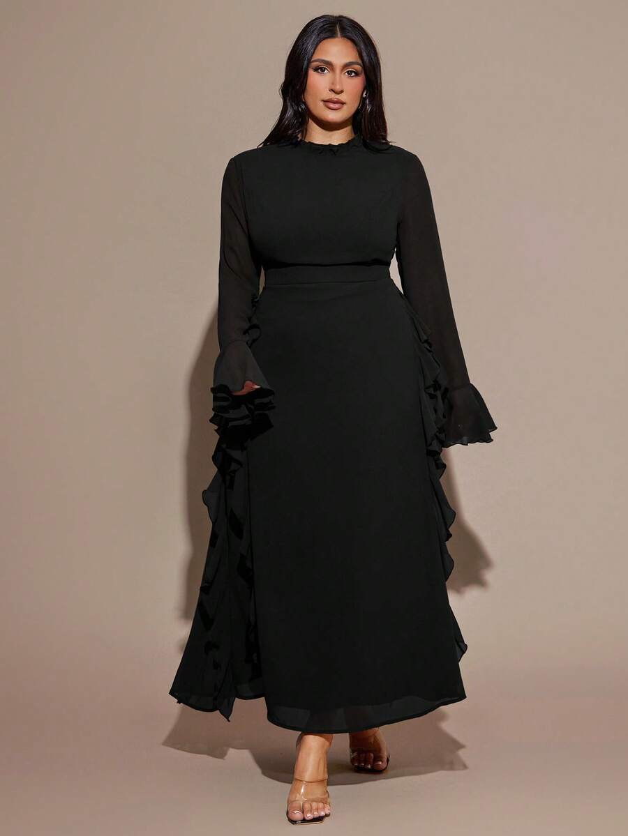 SHEIN BAE Plus Size Women Brown Long Sleeve Chiffon Ruffle Flare Sleeve Maxi Dress