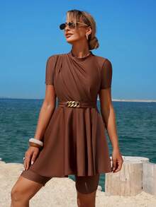 Swim Mulvari 2pcs Women's Fashionable Zip-Up Tankini Top And Shorts Swimsuit Set, Coffee Color, With Gold Chain Accent, For Spring/Summer - Coffee Brown - View 2