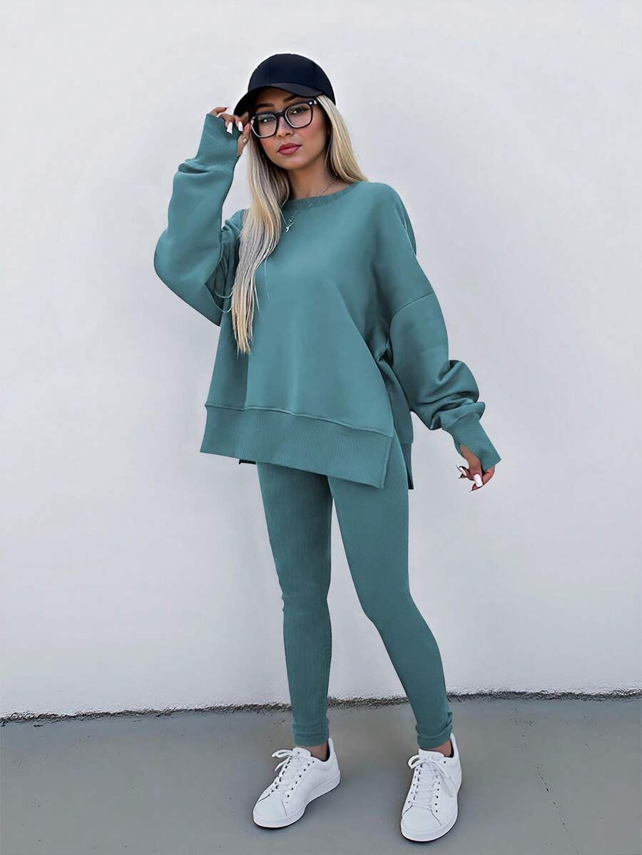 INAWLY 大码女装春秋季休闲日常通勤简约纯色落肩宽松开衩下摆卫衣和打底裤两件套 - 薄荷綠 - 查看 1