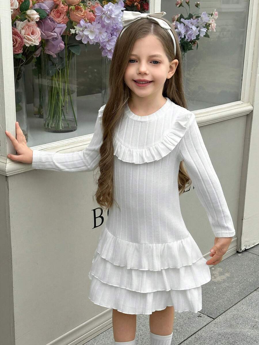 Young Girls Long Sleeve Dress,Textured Fabric White Round Neck With Ruffle Design,Multi-Layer Ruffle Hem Children Party Autumn Kids Dress - Apricot - View 1