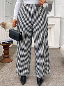 SHEIN Clasi 大码女式千鸟格阔腿裤，带口袋和纽扣装饰，优雅百搭，适合通勤和日常穿着，秋冬款 - 黑與白 - 查看 3