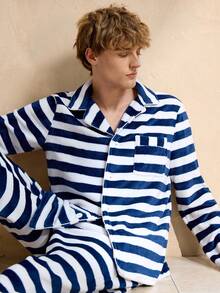 EverLounge Blue & White Striped Comfortable Fleece Men's Loungewear Set, Fluffy Winter Clothes - Multicolor - View 5