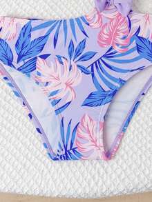 SHEIN 女童吊带荷叶边不对称镂空蝴蝶结装饰连体泳衣，夏季 - 彩色 - 查看 6