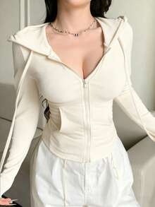 DAZY Áo thun có mũ trùm đầu có khóa kéo ngày lễ tình nhân, áo thun bó sát dành cho nữ - trắng - Xem 2