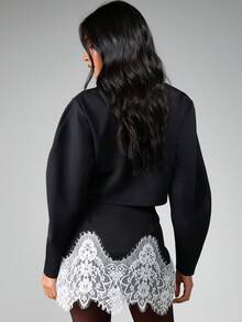 MISSGUIDED Mini Skirt With Eyelash Lace Hem Detail High Waisted Bodycon Style Perfect For Fall Winter Party Events Special Occasions - Black and White - View 2